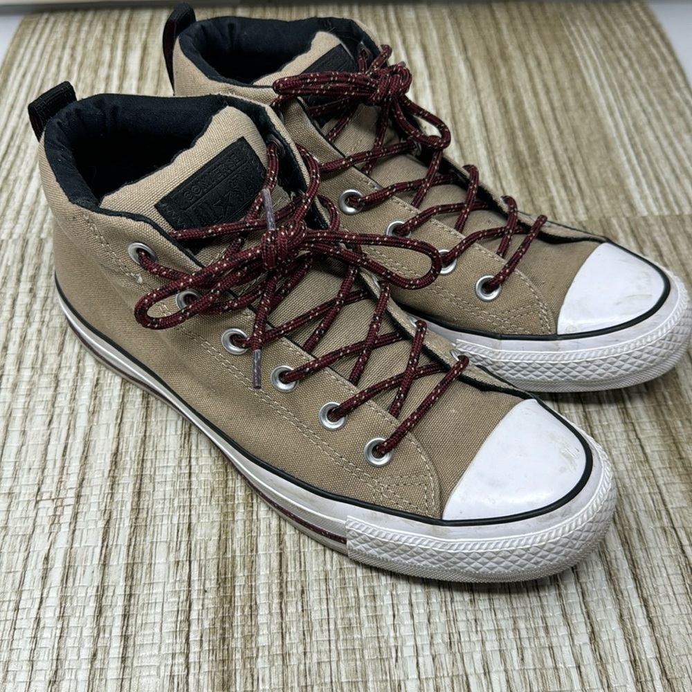 Converse Tan High-Top Sneakers with Maroon Laces